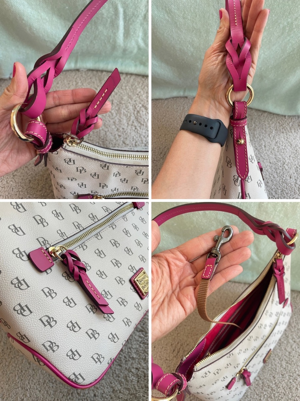 Dooney Bourke White Monogram Shoulder Bag with Pink Trim - Gretta Twist Strap - Picture 6 of 17